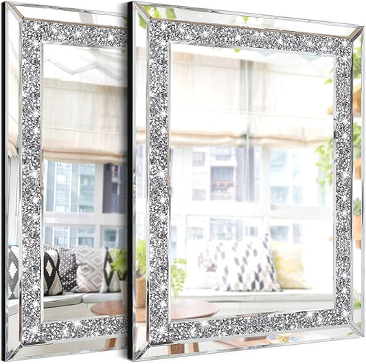 ZOLAPI 2PCS Crystal Rhinestone Diamond Wall Mirror.Brilliant Hand-Spliced Glass Mirror.Accent Decorative Mirror for Hallway/Bathroom/Bedroom（11”x15”）