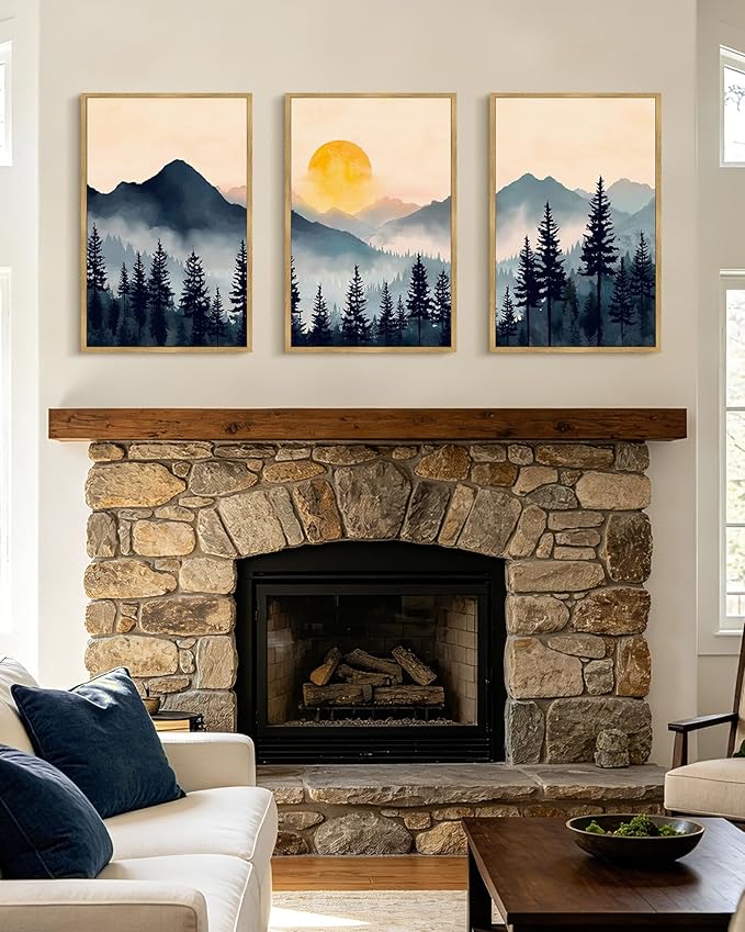 PHOPAGO Blue Fog Pine Tree Mountain Landscape Framed Wall Art Large 16x24in Retro Watercolor Nature Misty Forest Artwork Paints Sun Rise Rustic Farmhouse Home Decor - Natural Framed