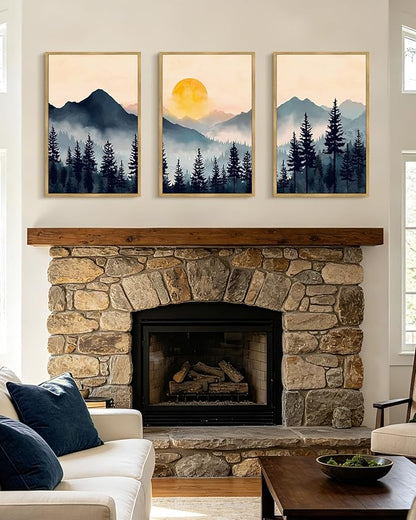 PHOPAGO Blue Fog Pine Tree Mountain Landscape Framed Wall Art Large 16x24in Retro Watercolor Nature Misty Forest Artwork Paints Sun Rise Rustic Farmhouse Home Decor - Natural Framed