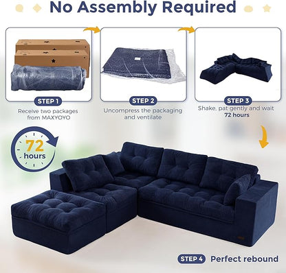 MAXYOYO 132" L Shaped Modular Sectional Sofa with Ottoman, Cloud Boneless Couch with Layered Cushion, Upholstered Sofa in a Box, Flexible Module Combination for Living Room, No Assembly, Navy