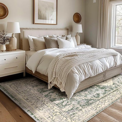 8x10 Washable Area Rug - Non Slip Vintage Rugs Soft Foldable Stain Resistant Large Carpet for Bedroom Living Room Office & Home Decor (Green,8'x10')