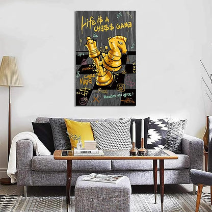 Inspirational Quotes Wall Art - Chess Pictures Wall Decor Motivational Canvas Print LIFE IS A CHESS GAME Positive Poster Modern Office Canvas Painting Black Gold Artwork Framed for Home, 28" x 44"