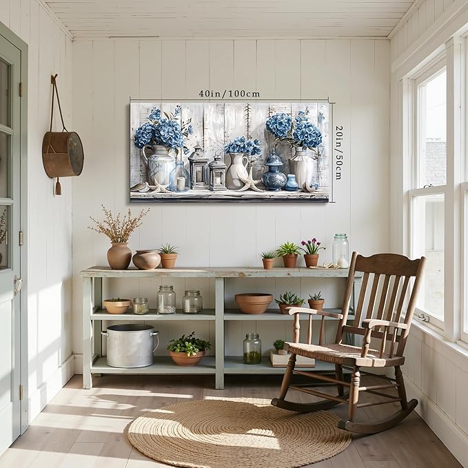 SERIMINO Floral Wall Art, Large Wall Art, Rustic Wall Decor, Nautical Still Life Art Prints, Blue Hydrangea Canvas Pictures, Grey Paintings for Living Room Bedroom Bathroom Kitchen Farmhouse 20"x40"