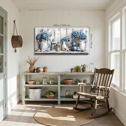 SERIMINO Floral Wall Art, Large Wall Art, Rustic Wall Decor, Nautical Still Life Art Prints, Blue Hydrangea Canvas Pictures, Grey Paintings for Living Room Bedroom Bathroom Kitchen Farmhouse 20"x40"
