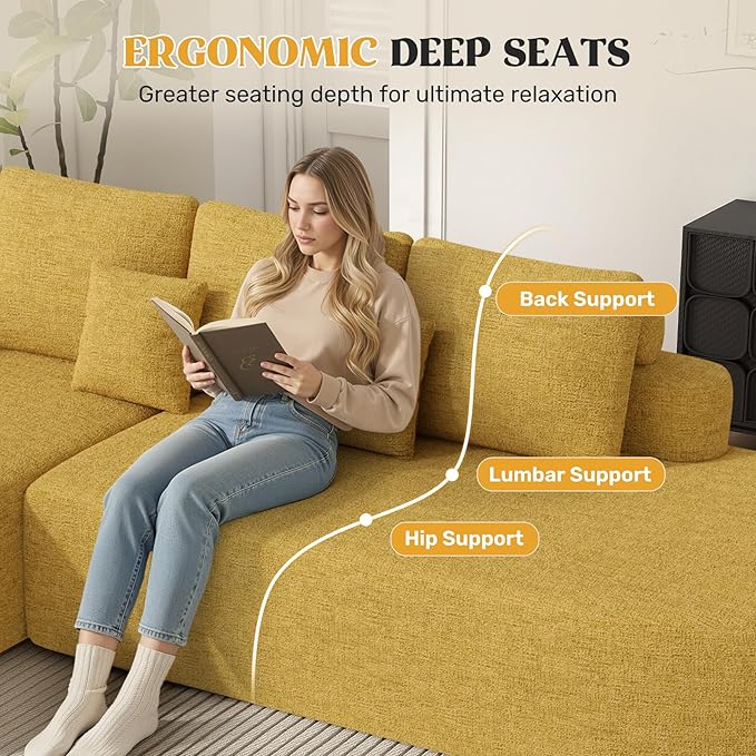 112" Modern Curved Cloud Couch, Chenille Boneless Couches for Living Room with Deep Seat, Memory Foam Compressed Modular Sectional Sofa, No Assembly Required,Yellow 1 PCS