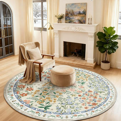 Washable Round Rugs for Bedroom 4ft: Living Room Rug Stain Resistant Non Slip Low Pile Ultra Soft Faux Wool Small Circle Rugs for Entryway Kitchen Bathroom Nursery Dorm Home Office Entrance Indoor