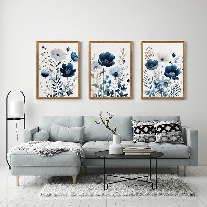 DUWQU 3 Pcs Blue Floral Canvas Wall Art, Wood Framed Navy Blue Wildflower Lily Daisy Wall Decor, Watercolor Botanical Flower Home Poster Art Prints for Living Room Bedroom Bathroom 12×16 Inches