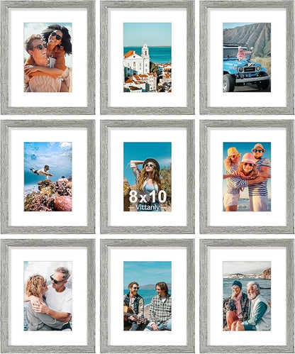 Vittanly 8x10 Picture Frames Set of 9, Shatter Resistant Plexiglass, Display 5x7 Pictures with Mat or 8x10 without Mat, Photo Frames for Wall or Tabletop, Engineered Wood, Grey