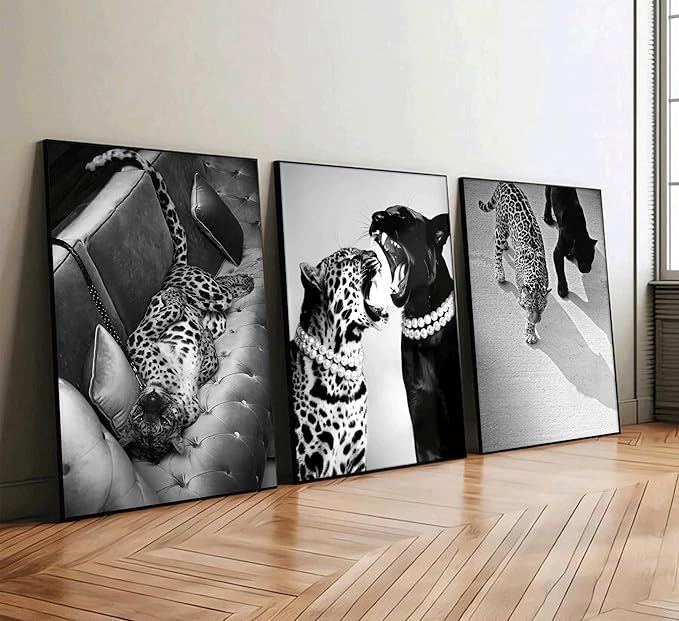 3 Pcs Black and White Cheetah Canvas Wall Art Vintage Trendy Wild Leopard Painting Picture Wall Decor Poster Print Artwork for Bedroom Living Room Apartment Home Decoration (16L x12W-Poster)