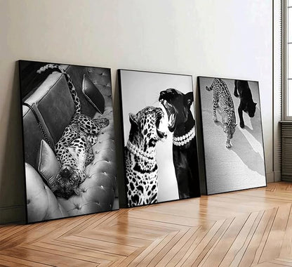 3 Pcs Black and White Cheetah Canvas Wall Art Vintage Trendy Wild Leopard Painting Picture Wall Decor Poster Print Artwork for Bedroom Living Room Apartment Home Decoration (24L x16W-Poster)
