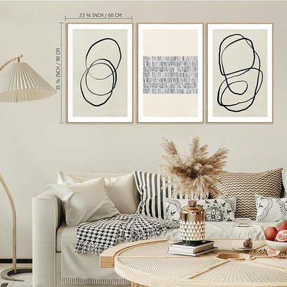 Abstract Boho Wall Art Set - Modern Boho Geometric Framed Canvas Prints, Neutral Mid-Century Graffiti Inspired Decorative Wall Decor for Living Room, Bedroom, Office - 16"x24"x3