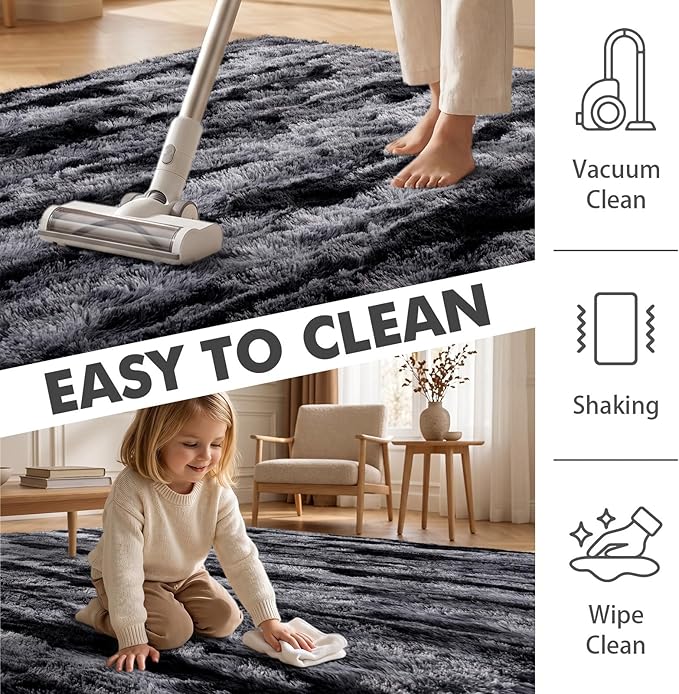 4x6 Ft Shag Rugs for Bedroom Living Room, Tie-Dyed Ultra Soft Fluffy Furry Area Rugs for Indoor Floor, Aesthetic Carpet for Kids Home Decor (Black)