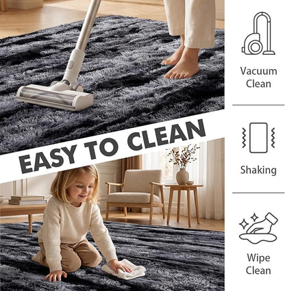 8x10 Ft Extra Large Shag Rugs for Living Room, Tie Dyed Ultra Soft Fluffy Furry Area Rugs for Bedroom Indoor Floor, Aesthetic Carpet for Kids Home Decor Black