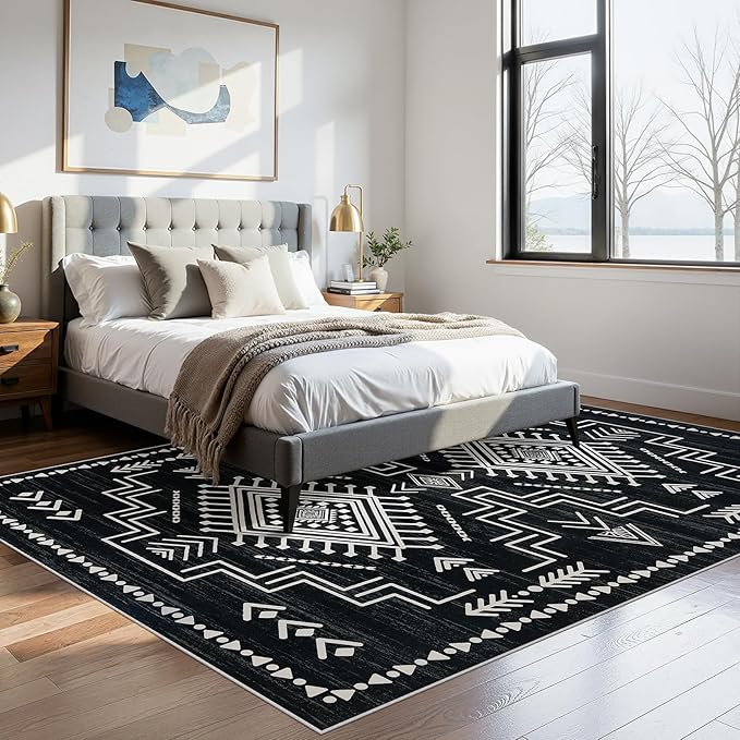 Joydeco Moroccan 5x7 Western Black and White Rugs for Living Room, Washable Soft Aztec Rug for Bedroom, Low Pile Distressed Modern Carpet for Dining Room Playroom Office Home Decor