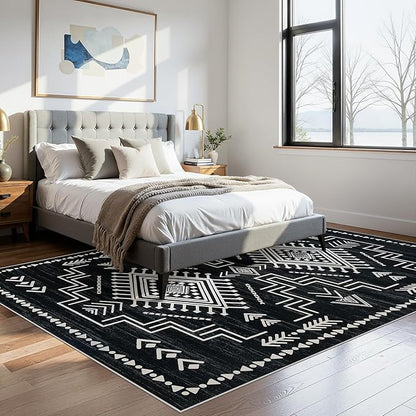 Joydeco Moroccan 5x7 Western Black and White Rugs for Living Room, Washable Soft Aztec Rug for Bedroom, Low Pile Distressed Modern Carpet for Dining Room Playroom Office Home Decor