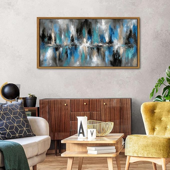 Black Framed Navy Blue Abstract Canvas Wall Art Modern Minimalist Painting for Bedroom Neutral White Blue and Grey Picture Wall Decor Graffiti Artwork for Bathroom Living Room Home Decoration 24x48