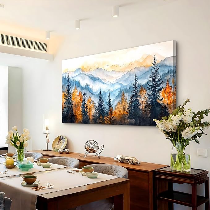 crmotu Landscape Wall Art, Mountain Wall Decor, Oversized Wall Art, Autumn Forest Scenic Watercolor Painting, Modern Pictures Wall Decor Living Room Bedroom Dining Room office Art Prints 29"X57"