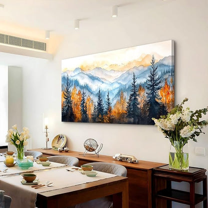 crmotu Landscape Wall Art, Mountain Wall Decor, Oversized Wall Art, Autumn Forest Scenic Watercolor Painting, Modern Pictures Wall Decor Living Room Bedroom Dining Room office Art Prints 29"X57"