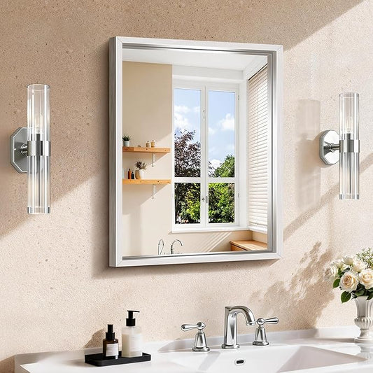 CIRCUMI 18"x24" Silver Mirror with Chunky Box Metal Frame, Brushed Finish Rectangular Bathroom Mirrors for Over Sink, Living Room, Entryway, Tempered Glass Mirror for Wall, Vertical or Horizontal