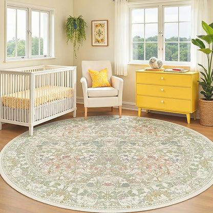 Lunasun Sage Green 6ft Round Rug for Living Room - Floral Circle Rug for Bedroom, Kids Room, Home Office, Washable Low Pile Non Slip, Pastel Green and Pink French Country Style Indoor Aesthetic Décor