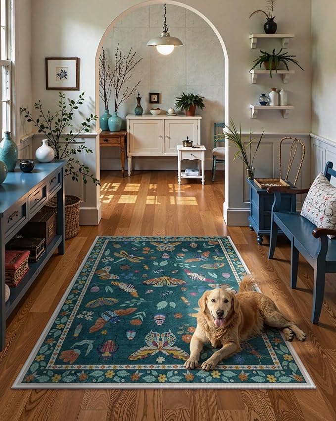 Lahome Insect Washable Small Area Rug, 3x5 Area Rug for Bedroom Living Room, Non-Slip Soft Accent Throw Carpet for Kitchen Office Entryway Bathroom Office Vionnet, Dark Green