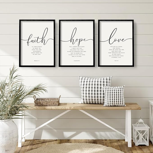 Houmury Set of 3 Framed Farmhouse Bible Verses Wall Decor Sign 11”x14” Christian Faith Scripture Wall Art for Home Living Room Bedroom Wall Decor (11"x14" Black)