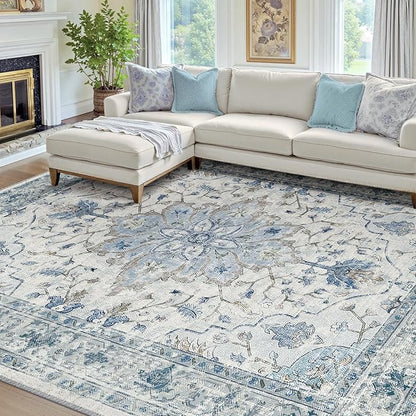 RELEANY Area Rugs 7'x10' Washable Non-Slip, Floral Vintage Distress Print Pattern Medallion Carpet for Living Room Bedroom Dining Room, Light Blue Navy Beige Gray White