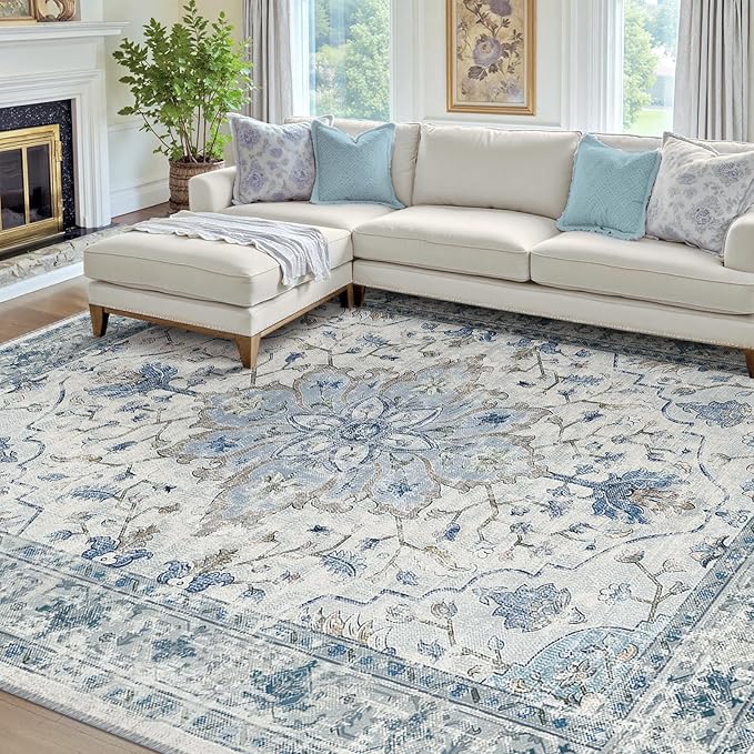 RELEANY Area Rugs 7'x9' Washable Non-Slip, Floral Vintage Distress Print Pattern Medallion Carpet for Living Room Bedroom Dining Room, Light Blue Navy Beige Gray White