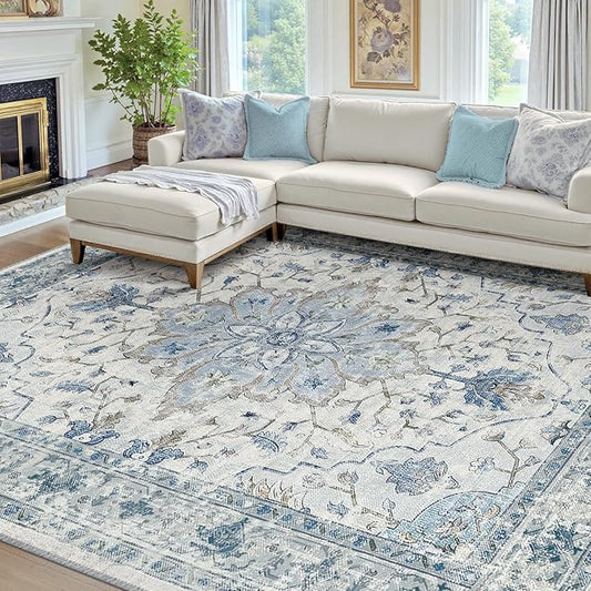 RELEANY Area Rugs 7'x9' Washable Non-Slip, Floral Vintage Distress Print Pattern Medallion Carpet for Living Room Bedroom Dining Room, Light Blue Navy Beige Gray White