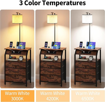 End Table with Floor Lamp Set of 2, Nightstand with Charging Station, Floor Lamp Table with 3-Color Temperature Bulb, Bedside Table Night Stand with 3 Drawers for Bedroom, Living Room, Retro