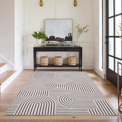 Washable Rug 3x5 Area Rugs for Living Room, Abstract Rug for Bedroom, Soft Rainbow Non Slip Throw Rugs with Rubber Back, Low Pile Stain Resistant Boho Geometric Carpet for Dining Room, LightCamel