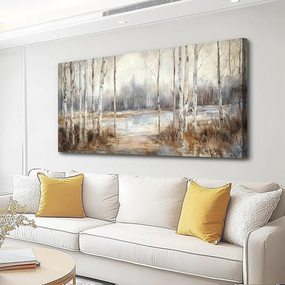 QIYILEXWART Canvas Wall Art For Living Room Large Wall Decor For Office Bedroom Decorations By The Lake Pictures Birch Forest Painting Stretched And Framed Artwork Room Ready To Hang