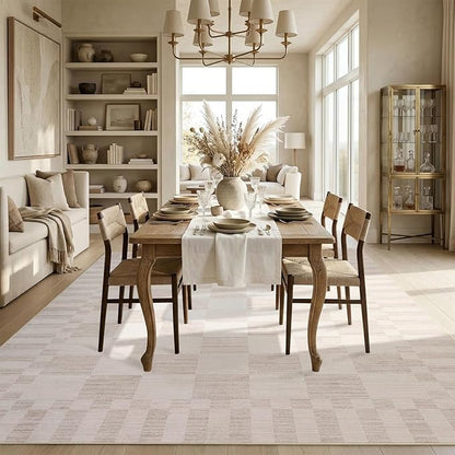 GarveeHome Beige Checkered Rug 6×9 Area Rugs for Living Room,Non-Slip Washable Rug Soft Low-Pile,Neutral Modern Checkerboard Farmhouse Geometric Rugs for Bedroom Dining Room