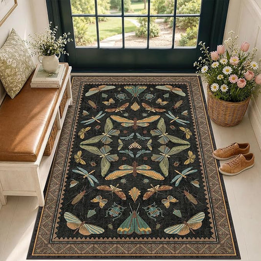 3x5 Entryway Rug Non Slip Washable - Black Throw Rug for Kitchen, Mudroom, Bedroom Bedside, Insect Boho Vintage Aesthetic Décor