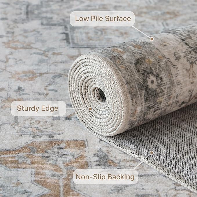 GENIMO Runner Rug 2x10 Machine Washable Non Slip Vintage Hallway Runner Rug, Low Pile Lightweight Rugs for Indoor Entryway, Hallway, Kitchen and Corridor, Light Taupe Brown