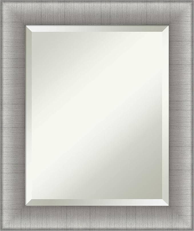 Amanti Art Silver Bathroom Mirror for Over Sink, 25x21 Elegant Brushed Pewter Rectangle Vanity Mirror, Small Casual Frame, Hangs Horizonally and Vertically, Bathroom Wall Decor, Beveled Edge
