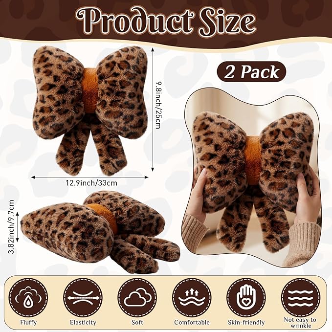 2 Pack Leopard Print Bow Throw Pillow Small Cheetah Print Love Pillows 13 x 10 Inch Faux Rabbit Fur Pillows Leopard Throw Bow Pillow for Valentine's Day, Wedding, Vintage Room Decorative