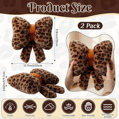 2 Pack Leopard Print Bow Throw Pillow Small Cheetah Print Love Pillows 13 x 10 Inch Faux Rabbit Fur Pillows Leopard Throw Bow Pillow for Valentine's Day, Wedding, Vintage Room Decorative