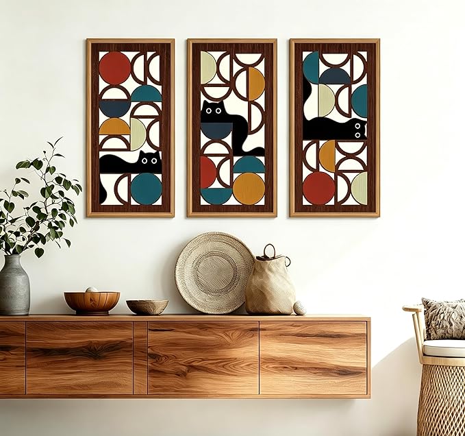 IARTTOP Mid Century Modern Cat Wall Art Framed Set of 3 Boho Abstract Geometric Wood Decor Black Cat Hanging Art for Living Room Bedroom Office Cat Lover Gifts 8x16 Inch