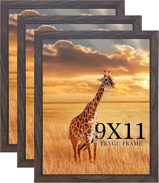 9 x 11 Picture Frame Set of 3, Poster Photo frame, Horizontal and Vertical Formats for Wall or Tabletop, 9 x 11 walnut Wooden Frame with Shatter Resistant Plexiglass, best gift