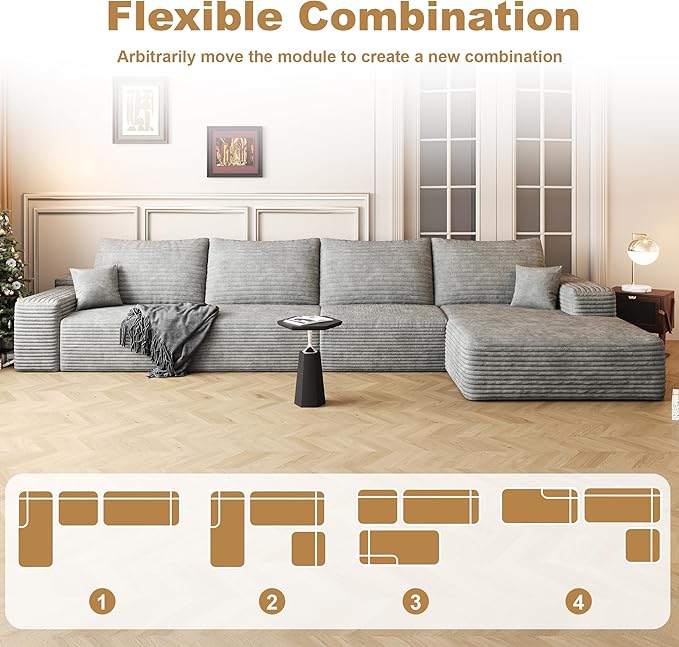 136" Sectional Couches for Living Room Cloud Couch Sofa with L-Shape Upholstered Boneless Couchs Modern Modular Sectional Couch with Chaise (Grey, 136" Right Facing Chaise+3Seaters)