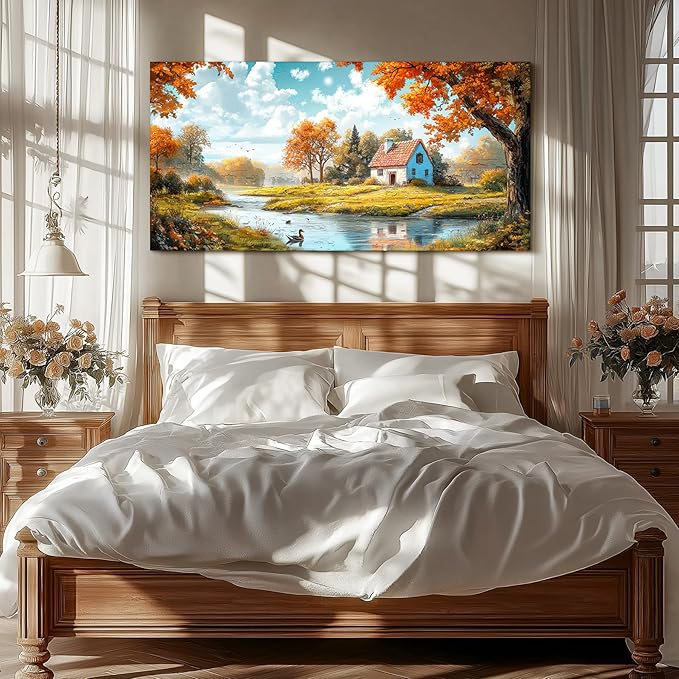 SERIMINO Fall Landscape Large Wall Art, Forest Cottage Rustic Wall Decor, Lake Duck Farmhouse Canvas Painting, Nature House Decorations Living Room Bedroom Dining Room Cottagecore Art Prints 29"X57"