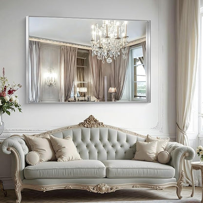 CIRCUMI Silver Bathroom Mirror, 40"x60" Rectangular Mirror with Deep Metal Frame, Brushed Finish, Tempered Glass, Large Mirror for Wall, Over 2 Sinks, Installed Vertically/Horizontally, Crystal-Clear