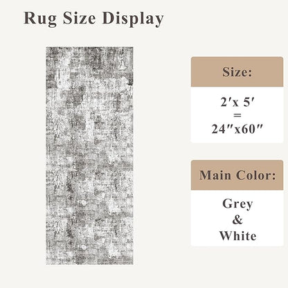 2x5 Non-Slip Washable Runner Rug – Modern Neutral Abstract Small Rug for Hallway, Kitchen, Bathroom, Bedroom, Entryway, Laundry Room – Thin Soft Low-Pile Rubber Backing (Grey)