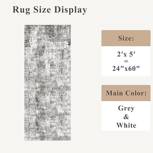 2x5 Non-Slip Washable Runner Rug – Modern Neutral Abstract Small Rug for Hallway, Kitchen, Bathroom, Bedroom, Entryway, Laundry Room – Thin Soft Low-Pile Rubber Backing (Grey)