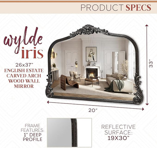 Wylde Iris English Estate Carved Arch Wood Wall Mirror, Mirror for Entryway, Living Room, Bathroom, Distressed Black, 26x37