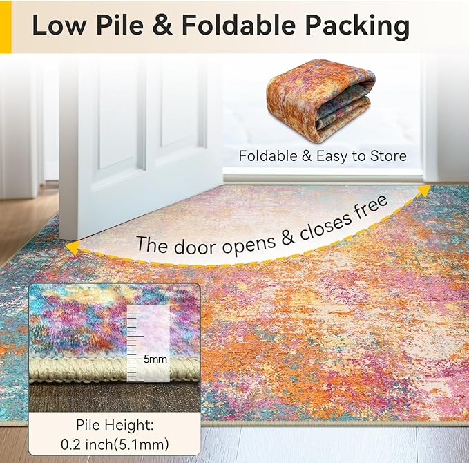 RELEANY Washable Area Rugs 6'x9' Non-Slip Modern Abstract Soft for Living Room Entryway Bedroom Nursery, Print Pattern, Orange Blue Pink Yellow Colorful