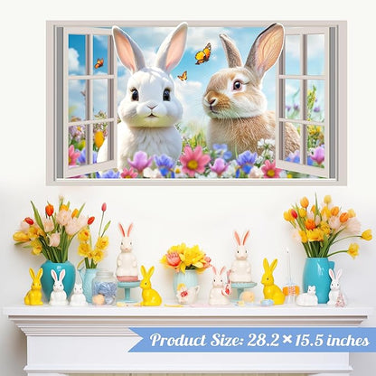 Easter Decoration Stickers for Wall Cute Bunny Vinyl Decals Peel and Stick 3D Fake Window Spring Wall Sticker Natural Landscape Walls Decal Flowers Rabbit Art Murals for Living Room Nusery Decor