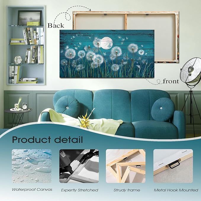 BQVCT Dandelion Moon Wall Art 20x40 Inch Large Gallery Wrapped Canvas Print Teal Blue Rustic Wood Plank Design Modern Celestial Nature Themed Decor for Living Room & Bedroom