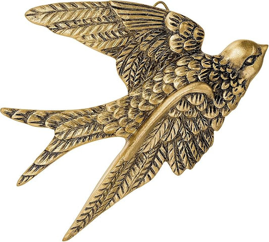 Kathfly 1 Pcs Vintage Bird Wall Sculpture Decor Art 4.7 Inch Antique 3D Sculpted Hanging Bird Resin Wall Art Golden Brass Floating Ornament for Living Room Garden Outdoor, Gift for Couple Housewarming